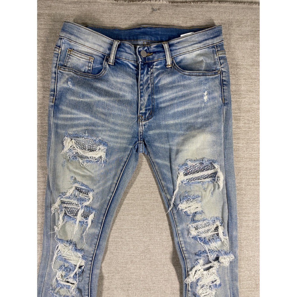 MNML M14 Stretch Denim Jeans Men 31 Light Blue Distressed Rhinestone Backing - Picture 4 of 8